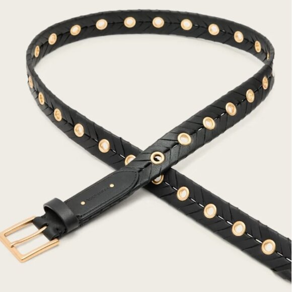 AllSaints Alice Eyelet Woven Leather Belt – Black/Warm Brass – Size S/M – NWT